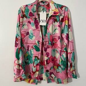 ZARA satin shirt: pink with multicolor florals (brand new with tags)